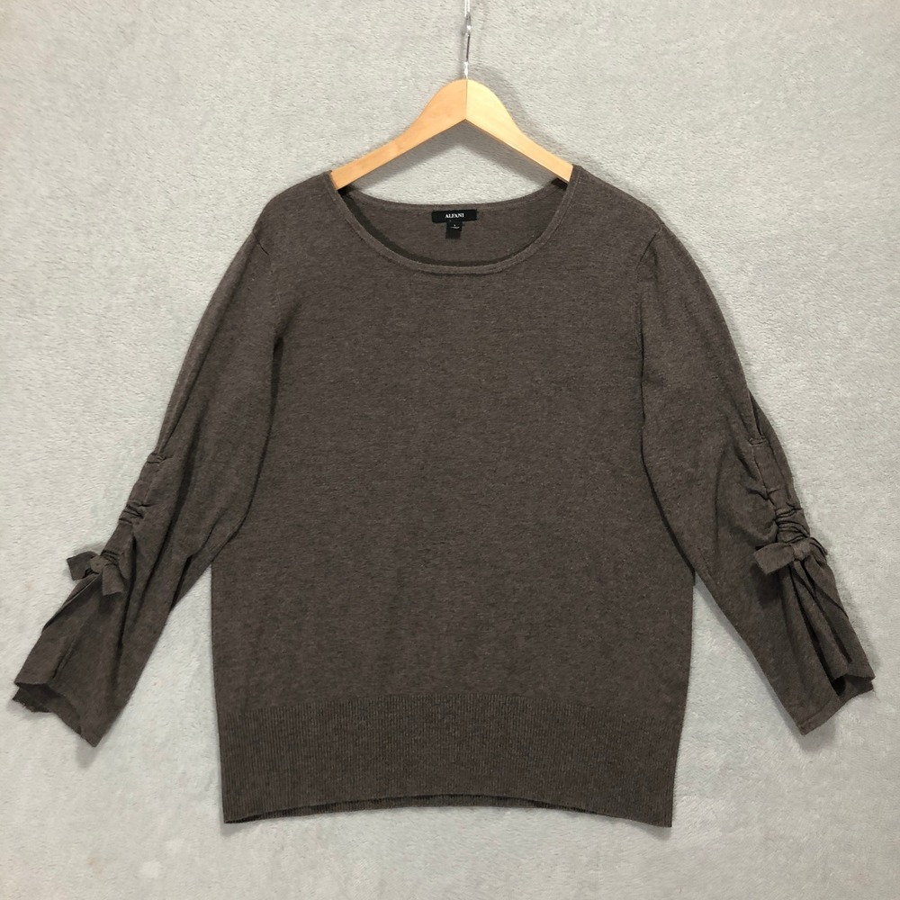 Alfani Knit Sweater Tie Sleeve Brown Crew Neck Pullover Top Large